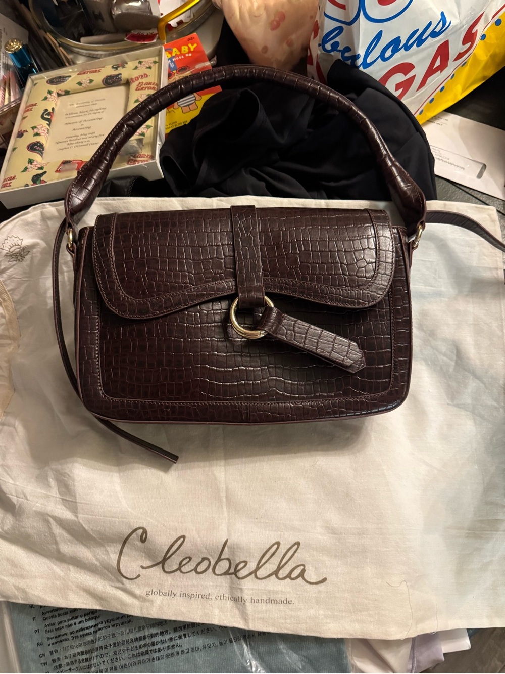 Cleobella Brown Croc-Embossed Leather Shoulder Bag